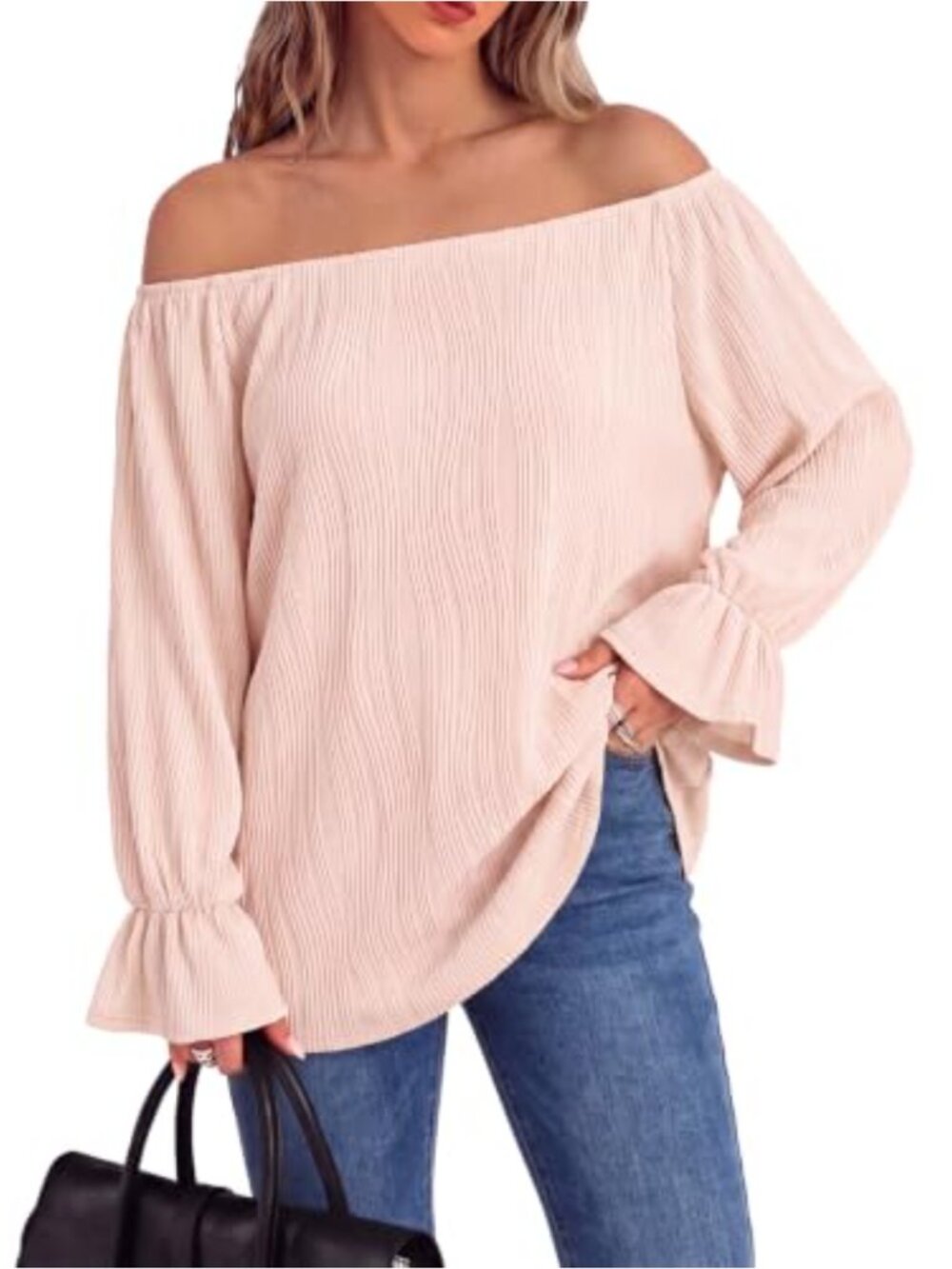 Off The Shoulder Puff Sleeve Top 3/4 Sleeve Rayon Spandex Blouse